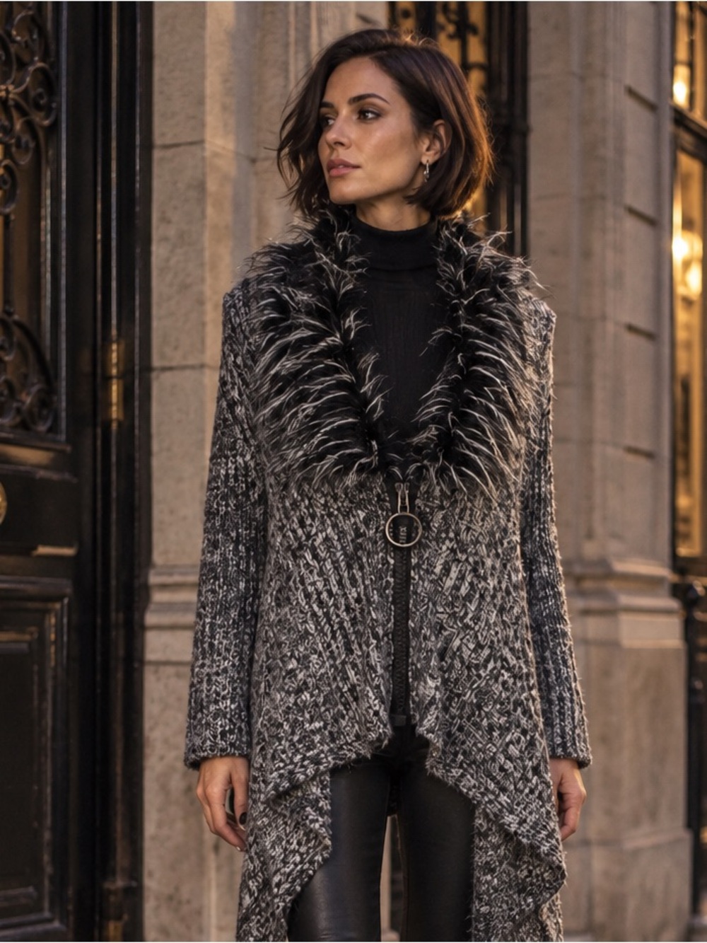 JOHN FASHION Black/Gray/White Tweed Faux Fur Zip Front Sharkbite Cardigan, S